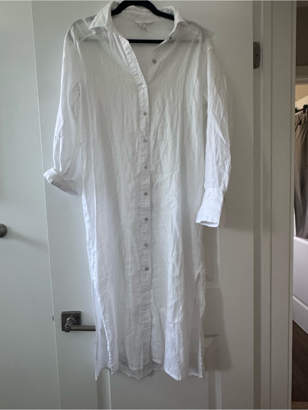 Crisp White Long Linen Button-Down Shirt Dress